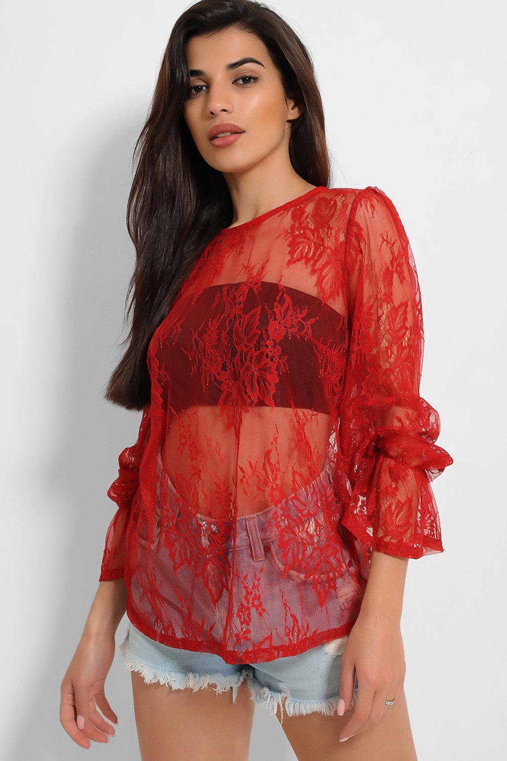 Red hot sale sheer blouse