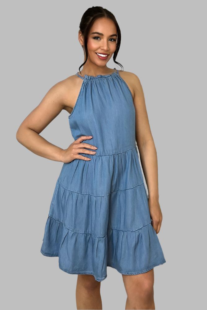 Sky Blue Drawstring Neckline Tiered Denim Sleeveless Dress