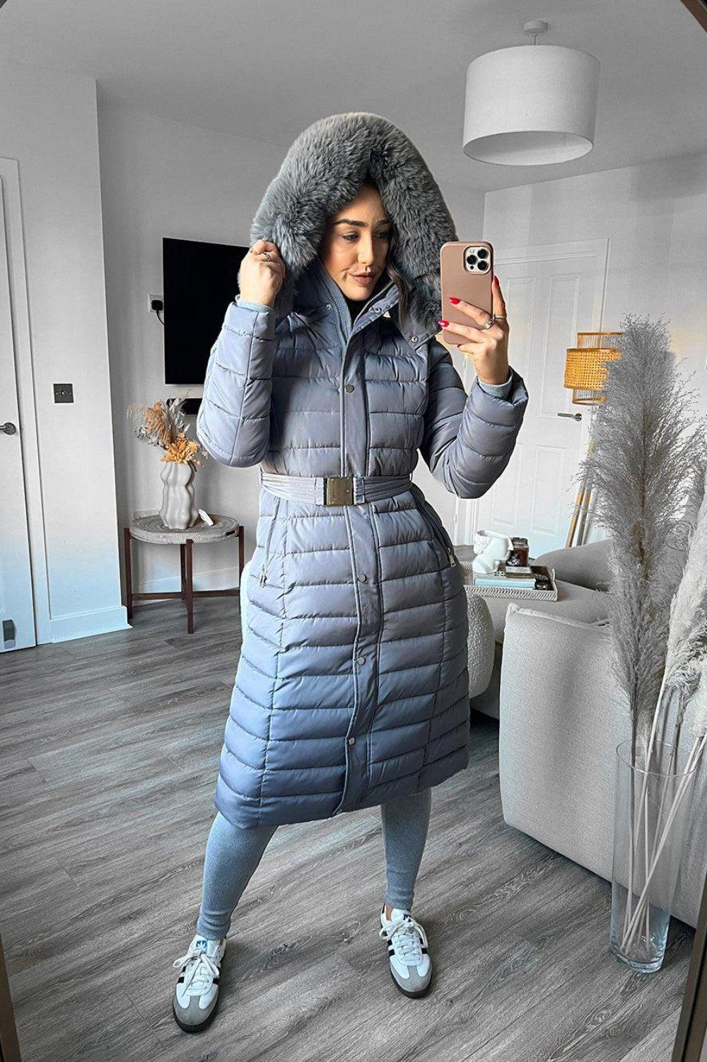 Grey padded coat with fur hood hotsell