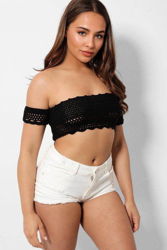 Black Crochet Knit Bardot Crop Top