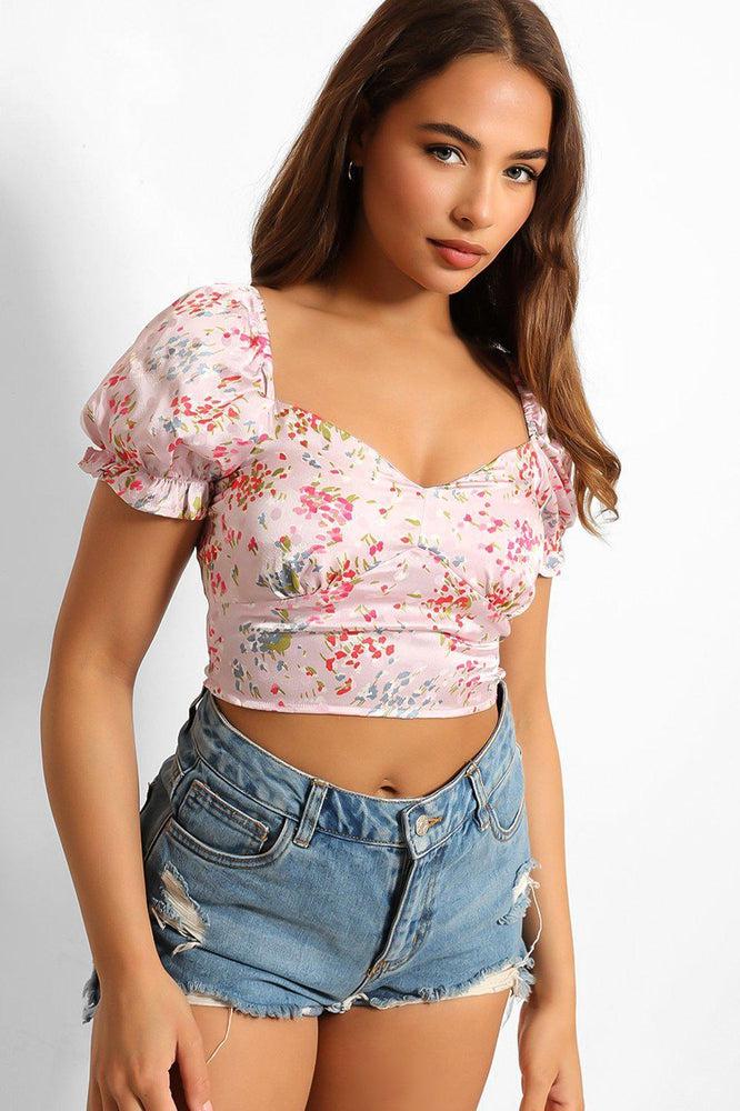 Navy Satin Floral Finish Shirred Crop Top