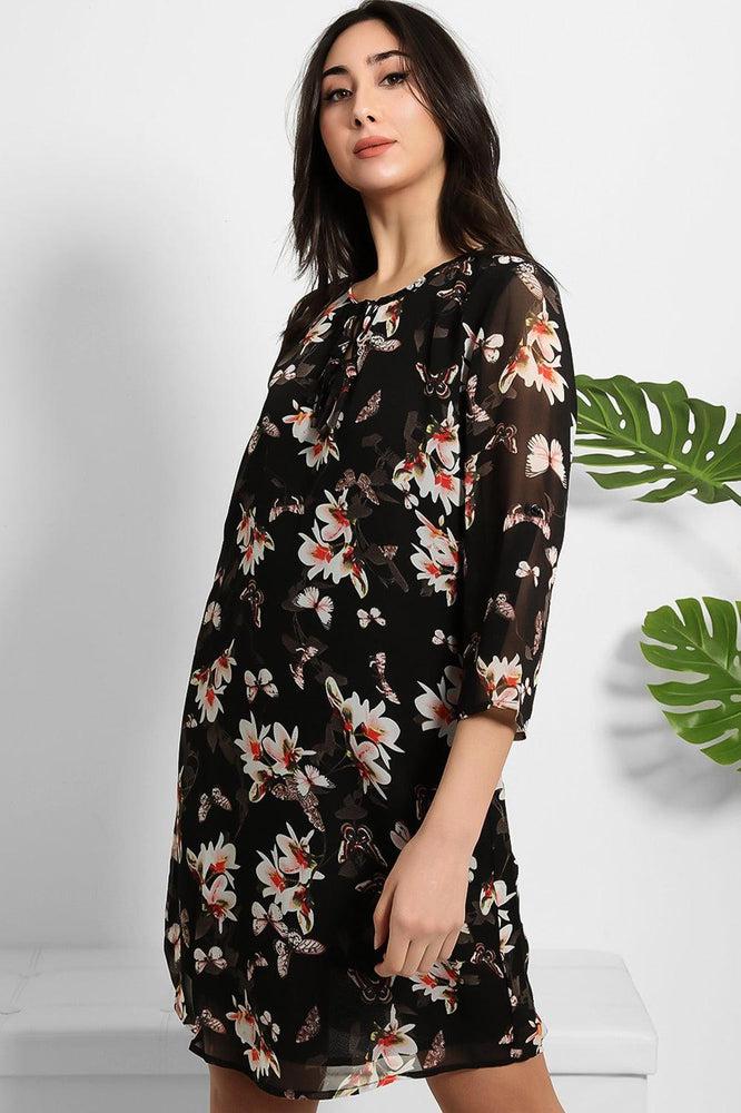 Black Sheer Floral Chiffon Dress