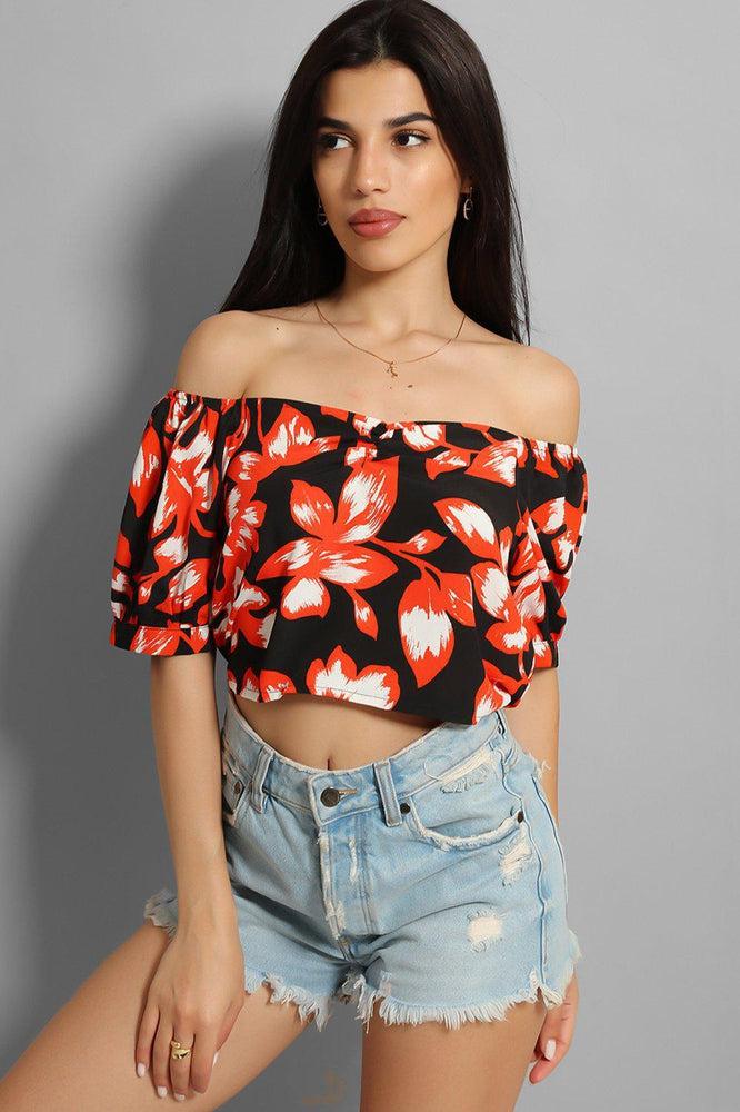 Navy Green Leaves Print Crop Top