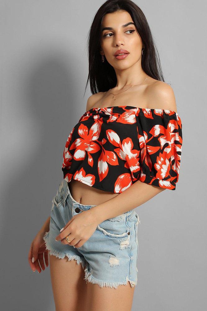 Navy Green Leaves Print Crop Top