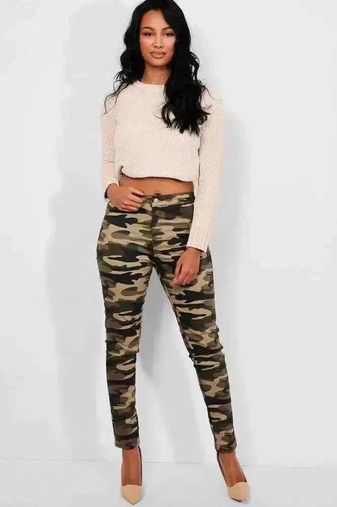 Camouflage Plain Front High Waist Jeans