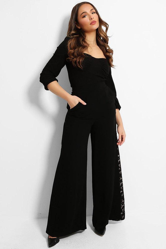Black Lace Inserts Wide Leg Trousers-SinglePrice