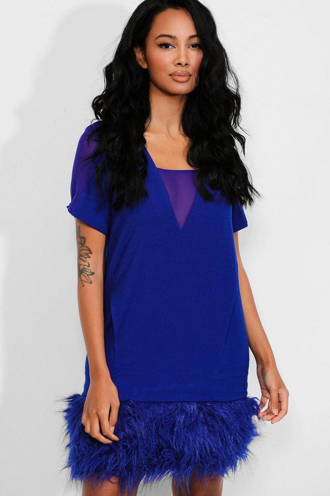 Royal Blue Mesh V Neck Faux Fur Trim Dress