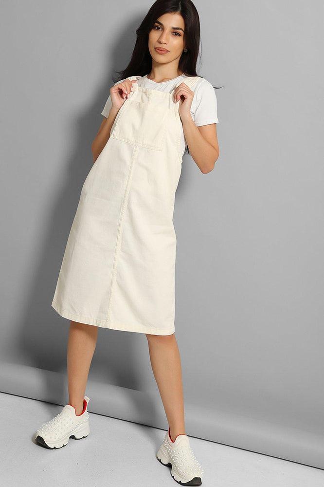 Cream Fine Denim Midi Pinafore Dress