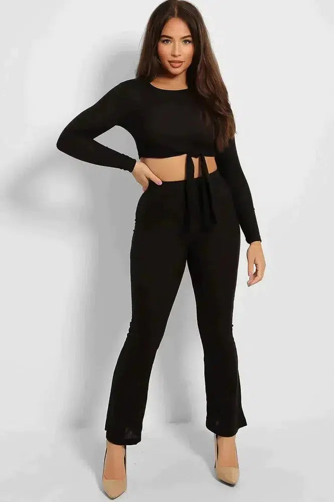 Ribbed Jersey Crop Tie Top And Trousers Set-SinglePrice