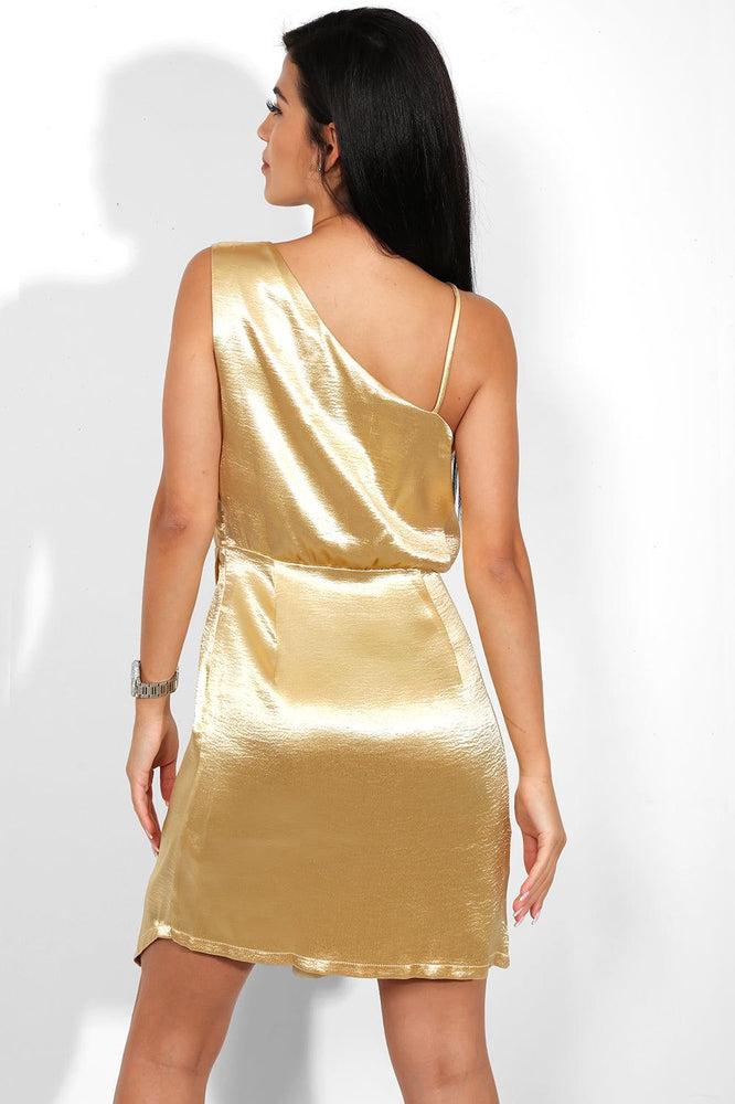 Gold Crushed Satin V neck Wrap Mini Dress