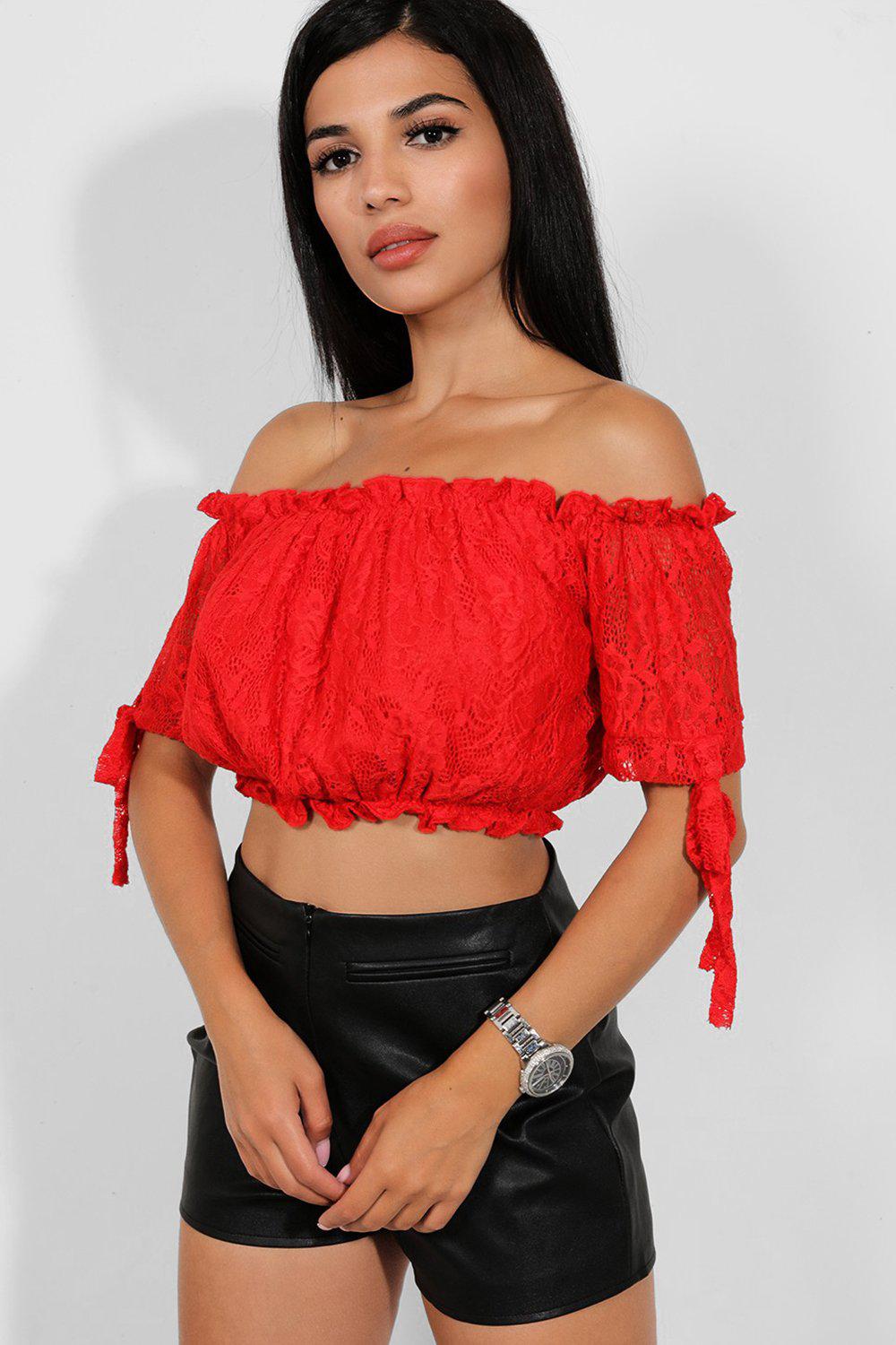 Delicate Lace Bow Sleeves Bardot Crop Top