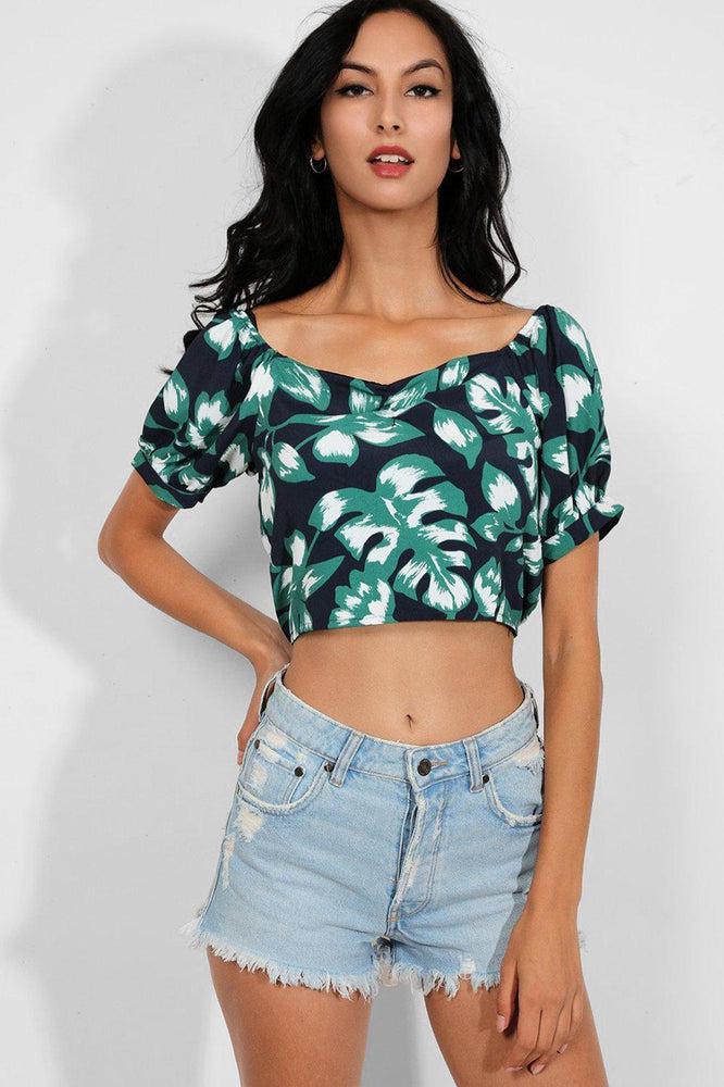 Navy Green Leaves Print Crop Top