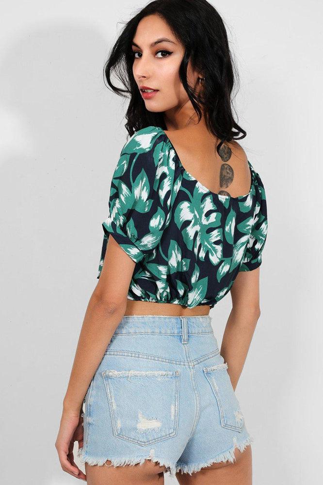 Navy Green Leaves Print Crop Top