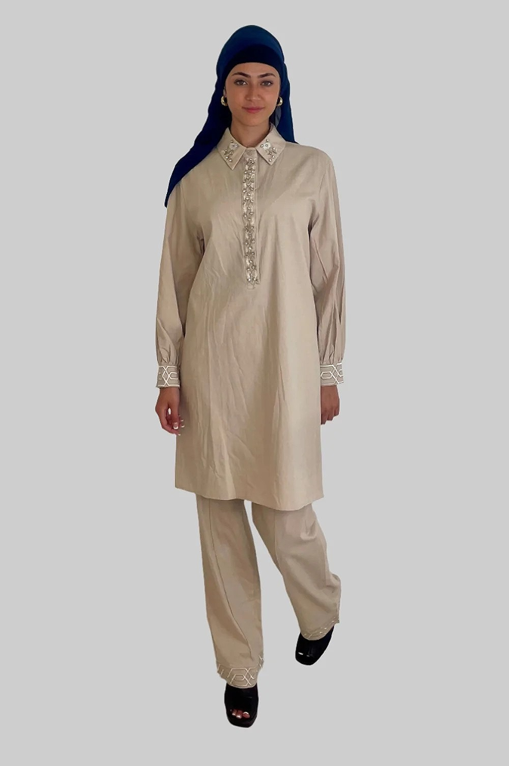 Embroidered Embellished Detail Kurta And Wide Leg Trousers Traditional Coord Set-SinglePrice
