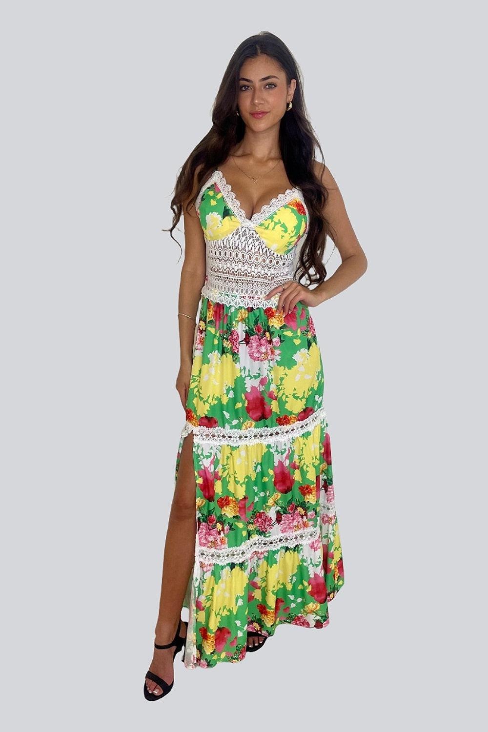 Floral Print Lace Crocket Padded Strappy Side Slit Maxi Dress-SinglePrice