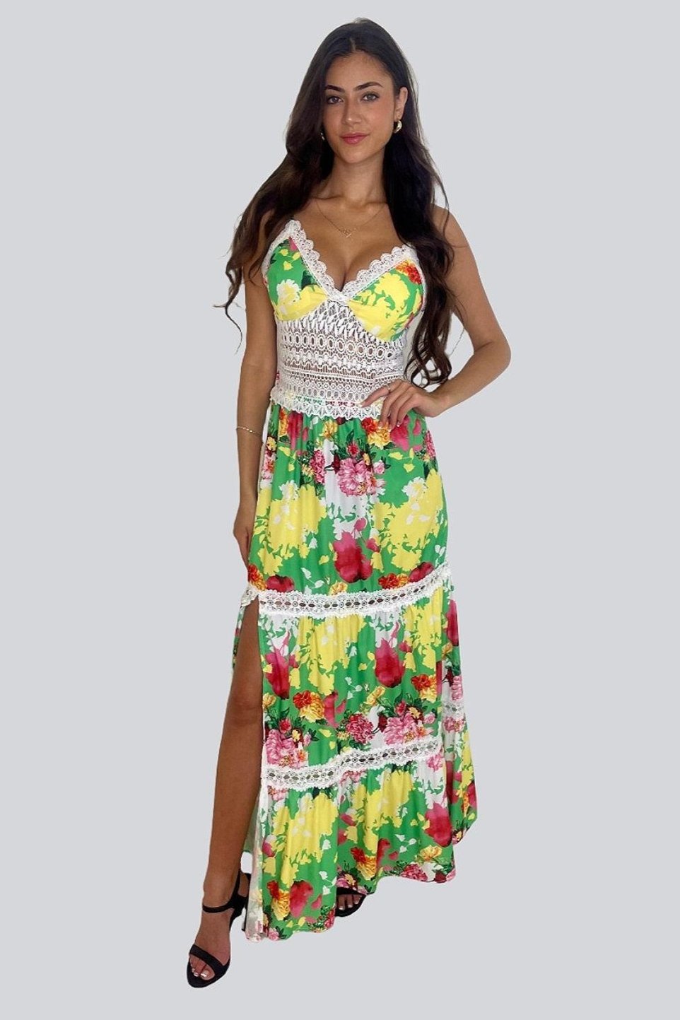 Floral Print Lace Crocket Padded Strappy Side Slit Maxi Dress-SinglePrice