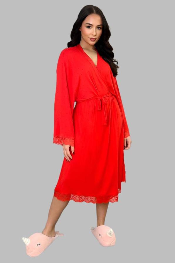 Cotton Blend Swiss Dot Lace Trimmed House Gown-SinglePrice