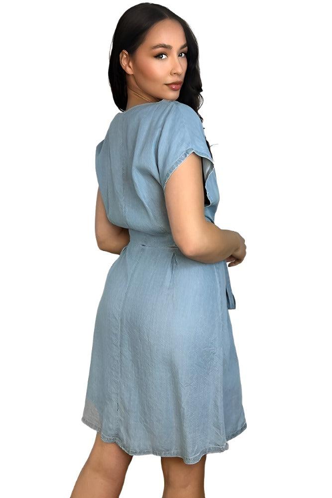 Blue Denim V-Neck Drawstring Waist Dress-SinglePrice