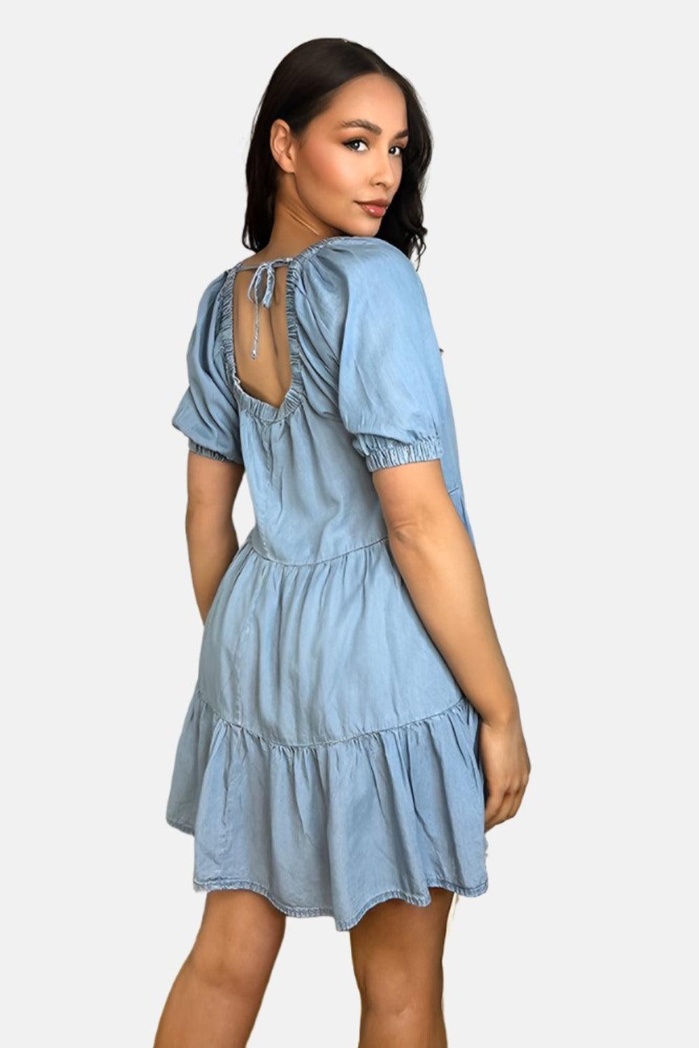 Denim Blue Tiered Milkmaid Dress-SinglePrice