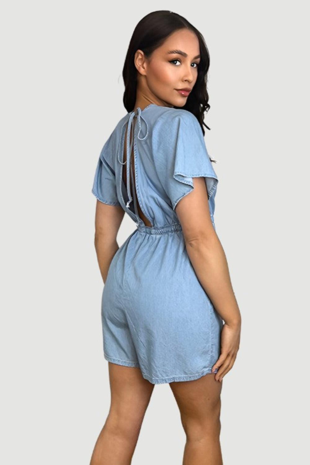 Bleached Denim V-Neck Elastic Waist Playsuit-SinglePrice