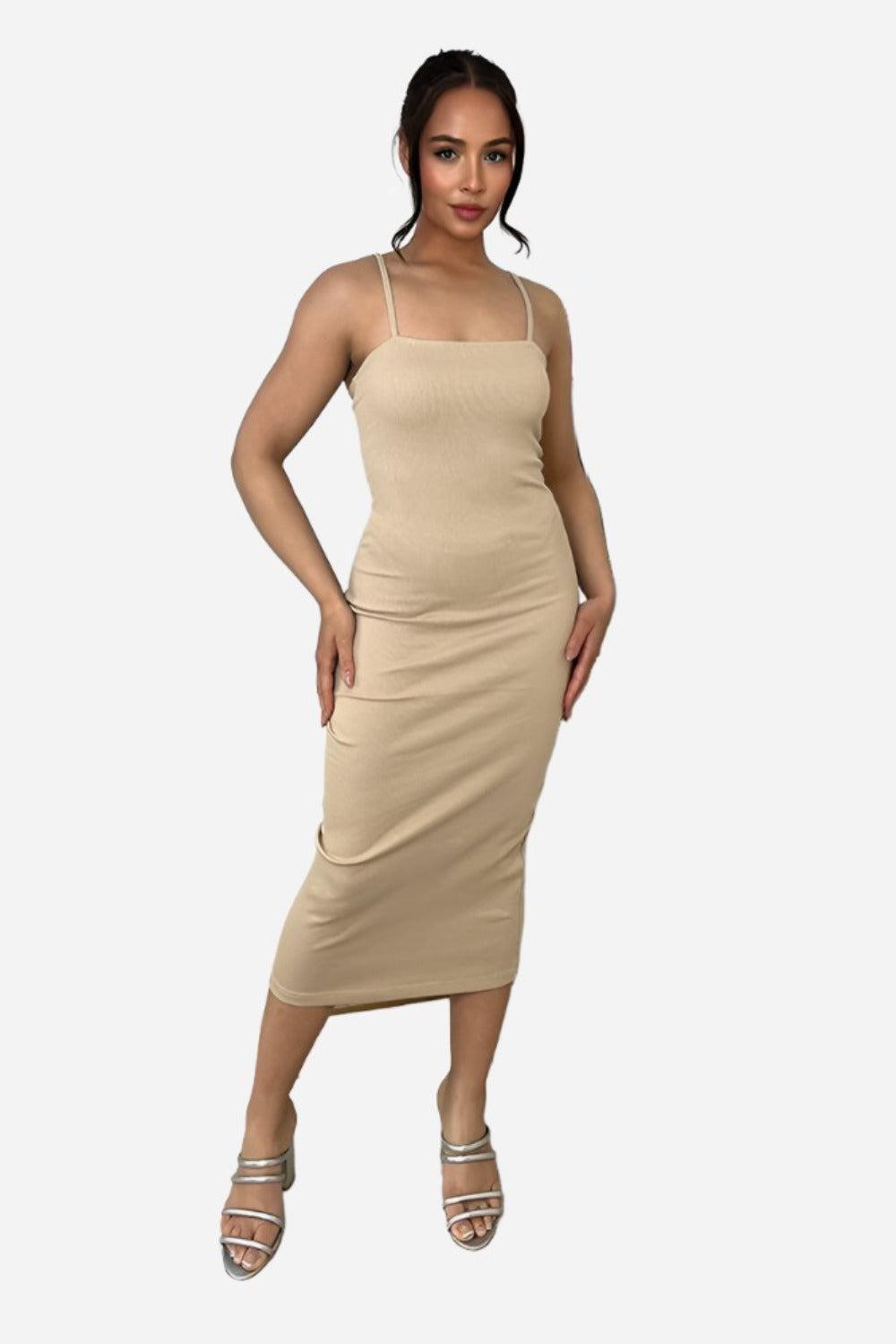 Cotton Blend Spaghetti Straps Midi Dress-SinglePrice