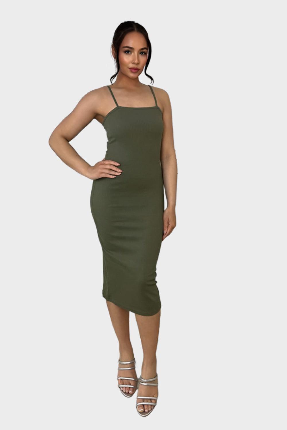 Cotton Blend Spaghetti Straps Midi Dress-SinglePrice