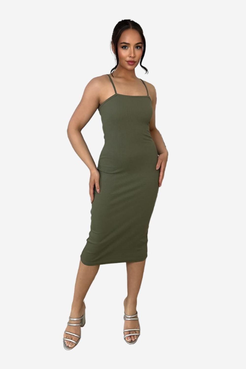 Cotton Blend Spaghetti Straps Midi Dress-SinglePrice