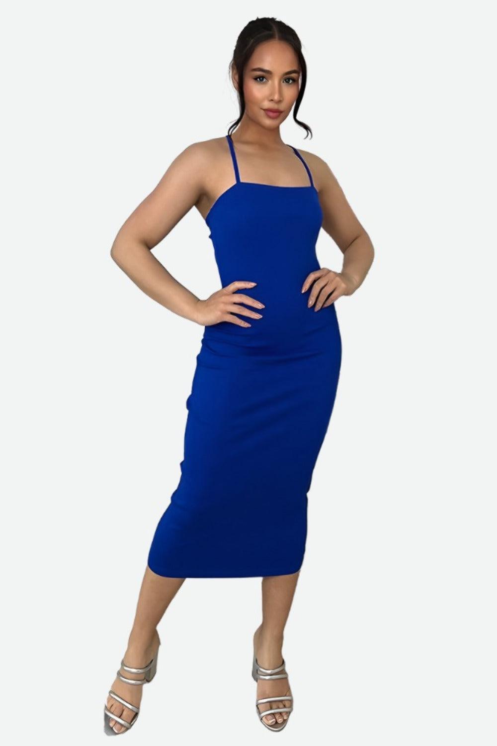 Cotton Blend Spaghetti Straps Midi Dress-SinglePrice