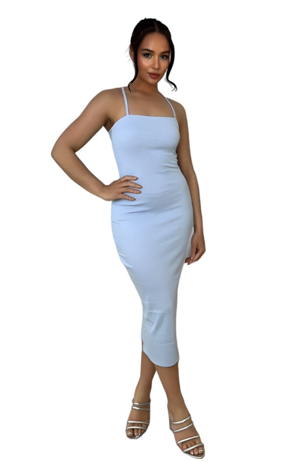 Cotton Blend Spaghetti Straps Midi Dress-SinglePrice