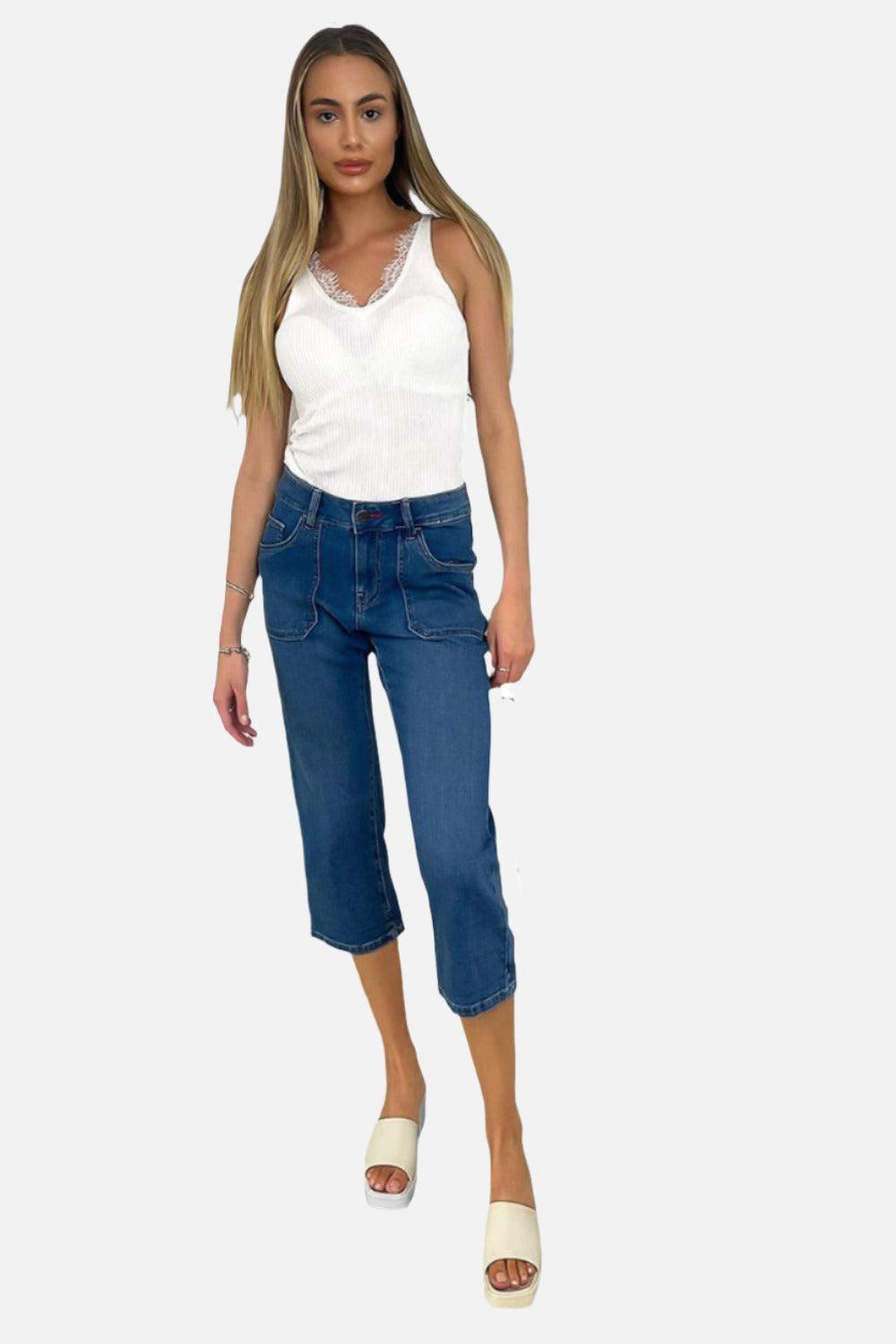 Contrast Stitch Large Pockets Cropped Jeans-SinglePrice