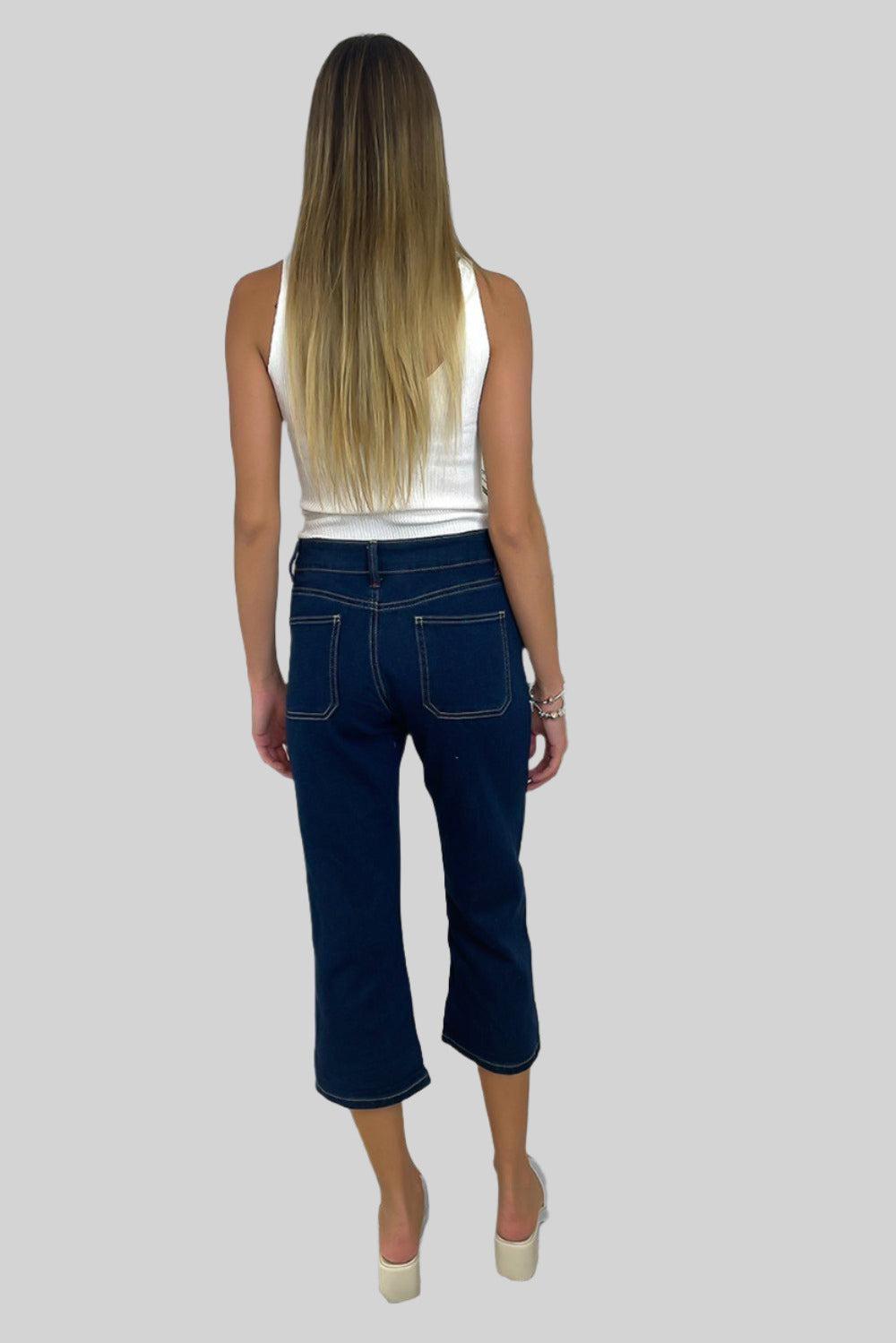 Contrast Stitch Large Pockets Cropped Jeans-SinglePrice