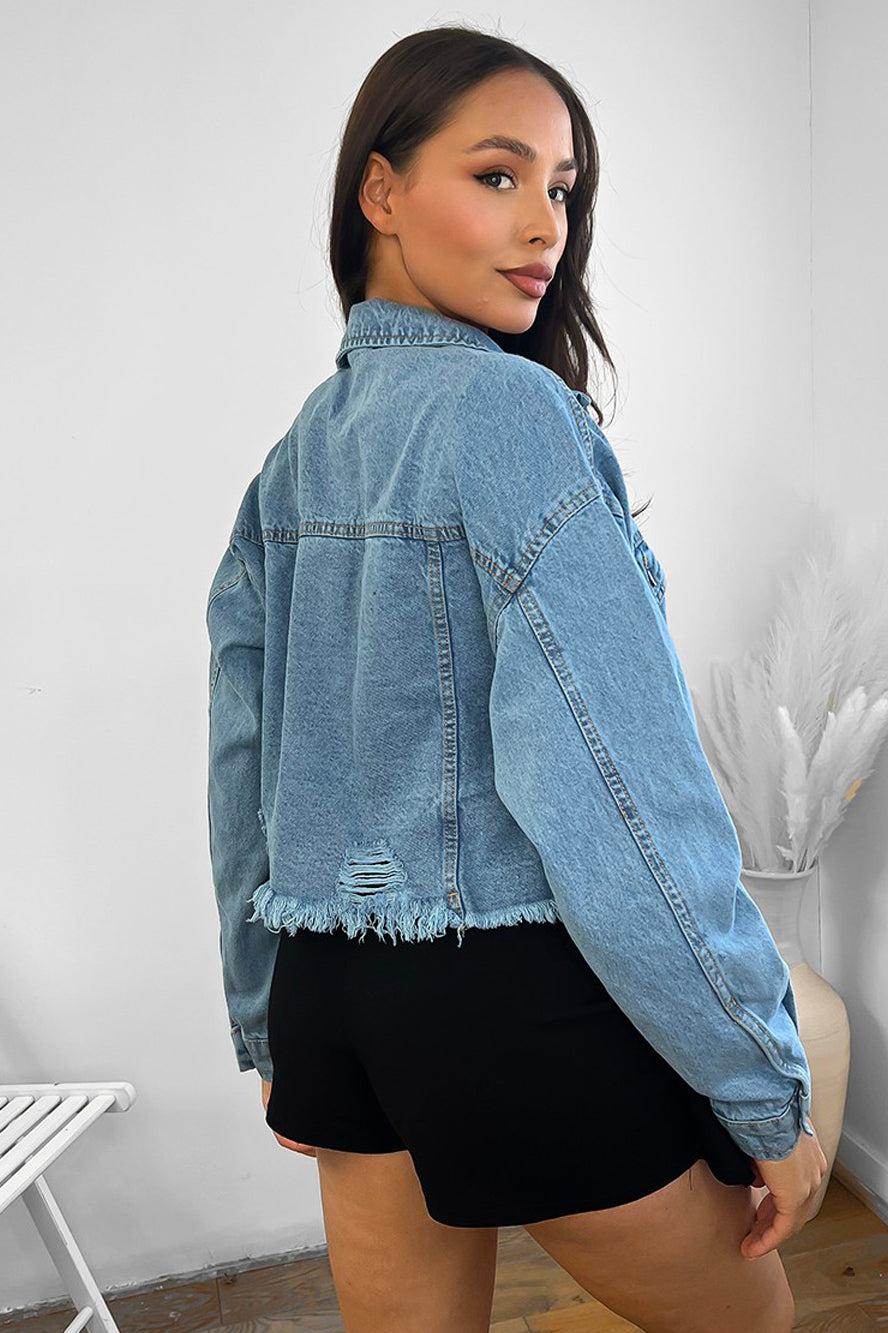 Raw hem hot sale cropped denim jacket