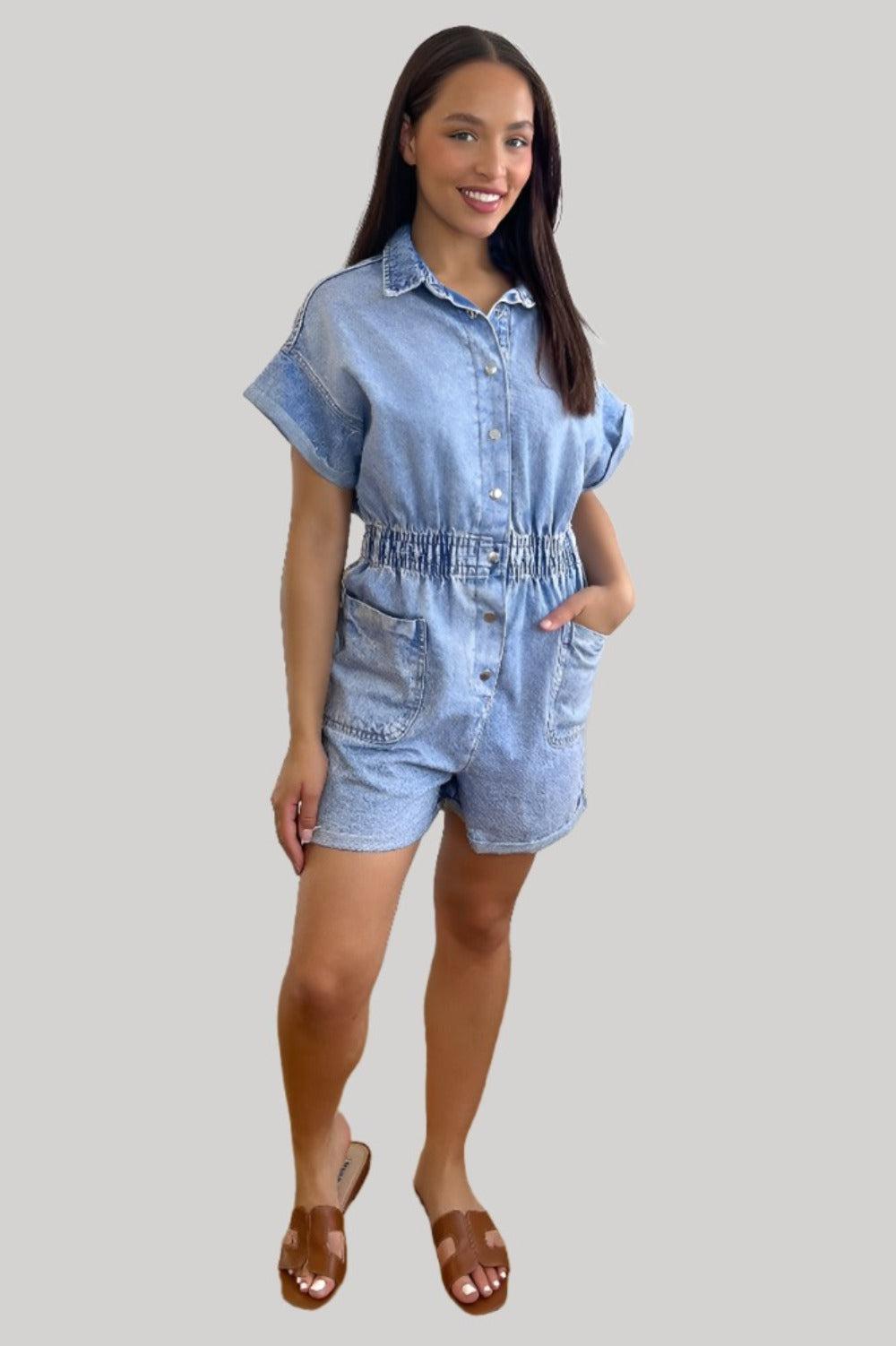 Bleached Denim Effect Elastic Waist Playsuit-SinglePrice