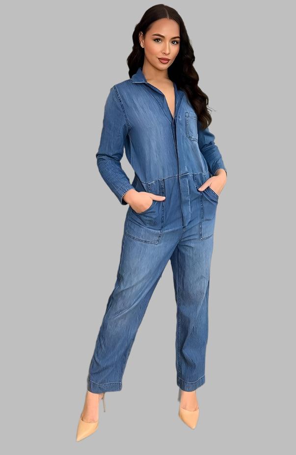 Washed Faded Denim Smart Collar Jumpsuit-SinglePrice