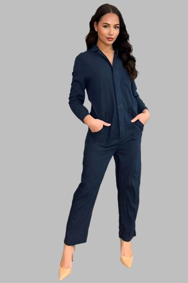 Washed Faded Denim Smart Collar Jumpsuit-SinglePrice