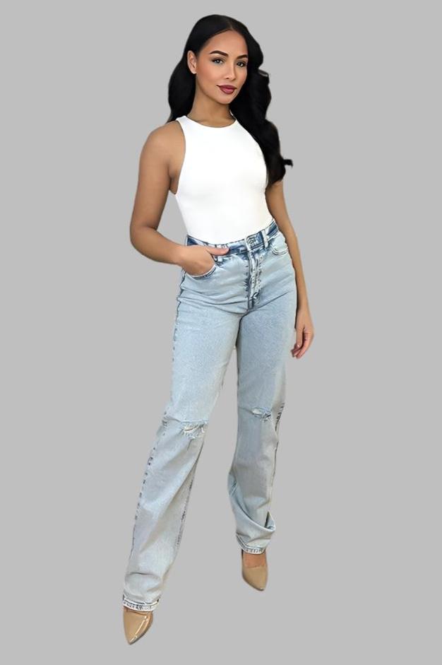 Denim Sky Ripped Knee High Waist Mum's Jeans-SinglePrice