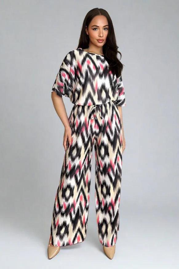 Multicolour Zig Zag Pattern Plisse Top And Trousers Set