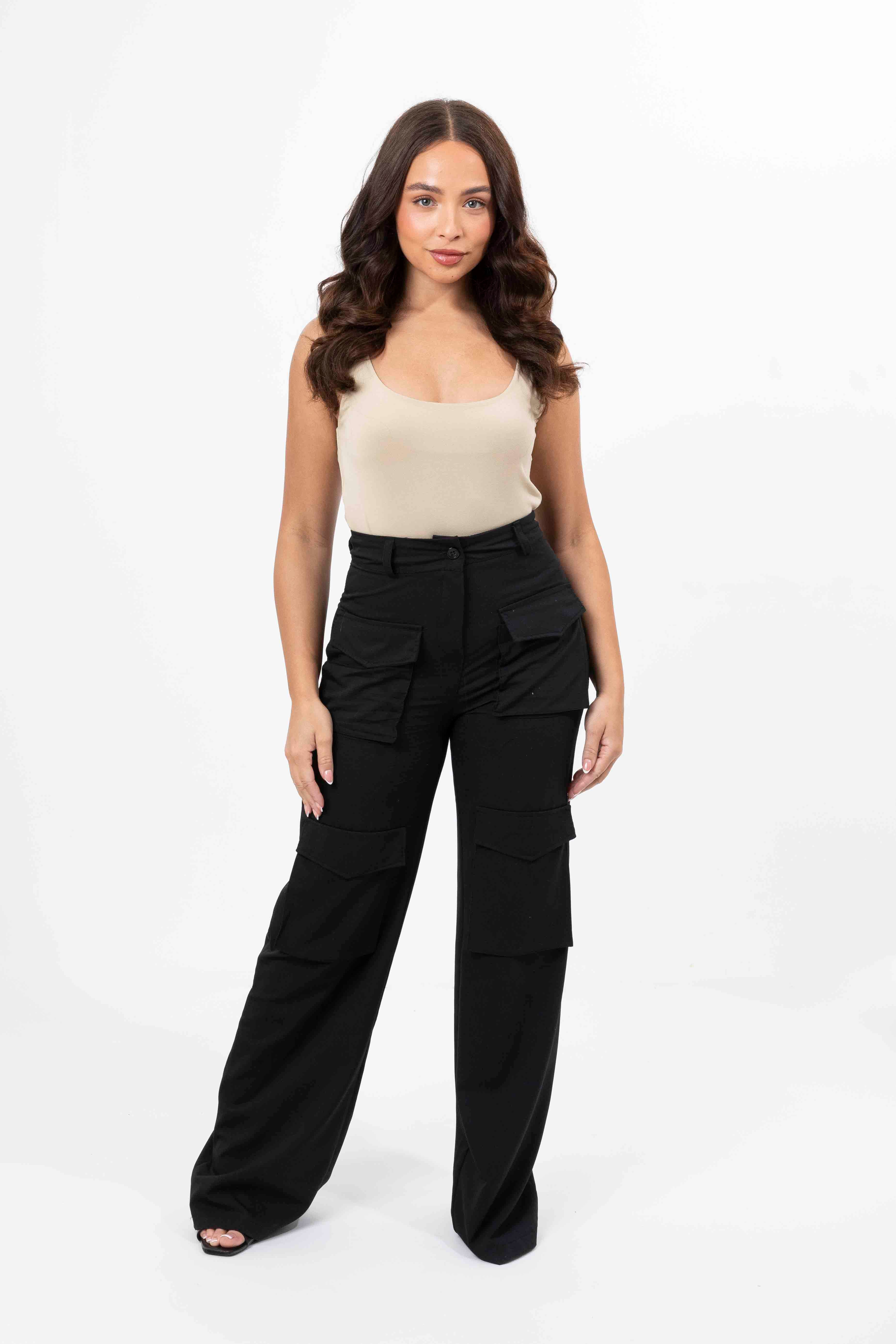 High Rise Large Pocket No Stretch Wide Leg Cargo Trousers