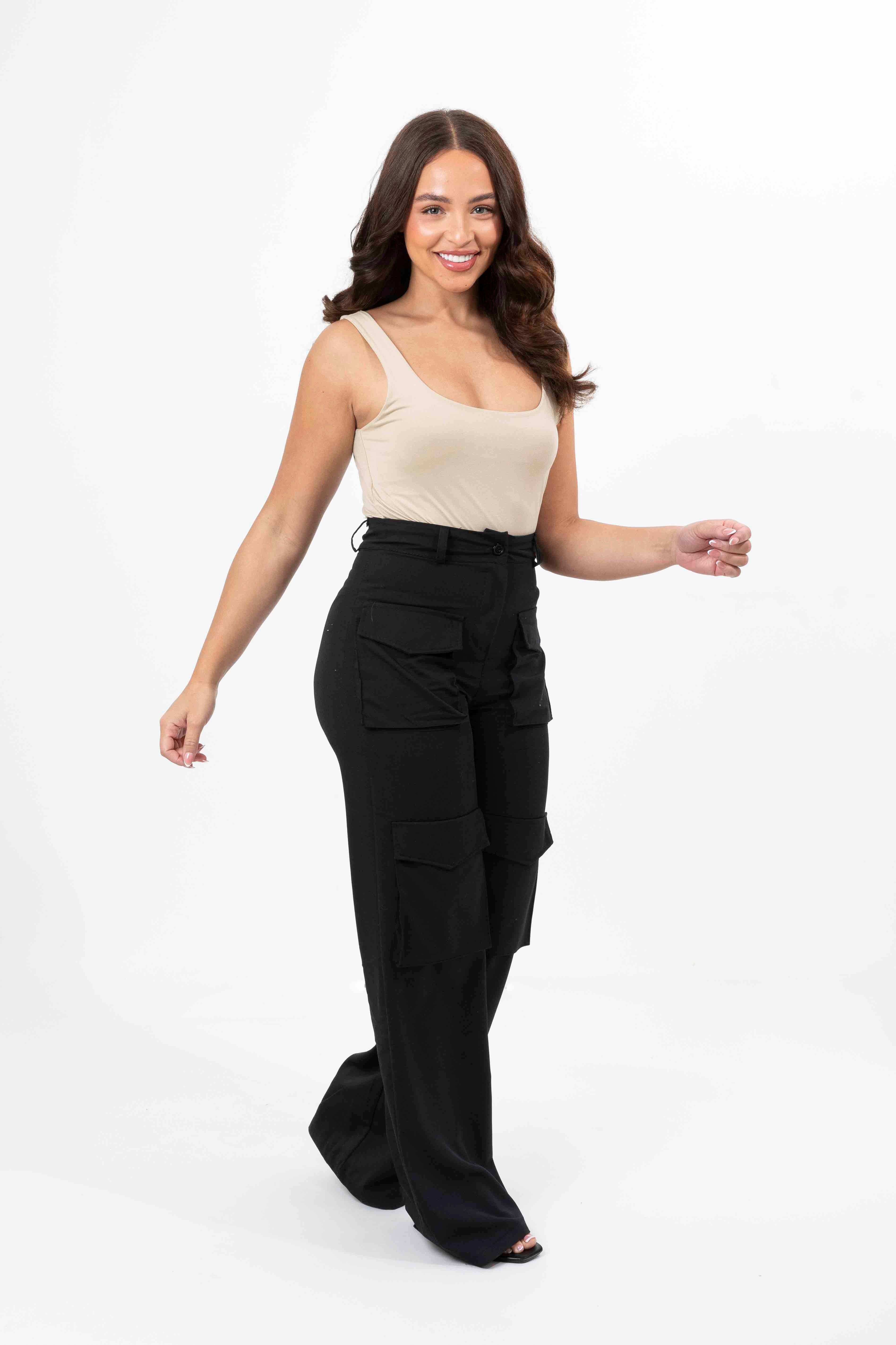 High Rise Large Pocket No Stretch Wide Leg Cargo Trousers