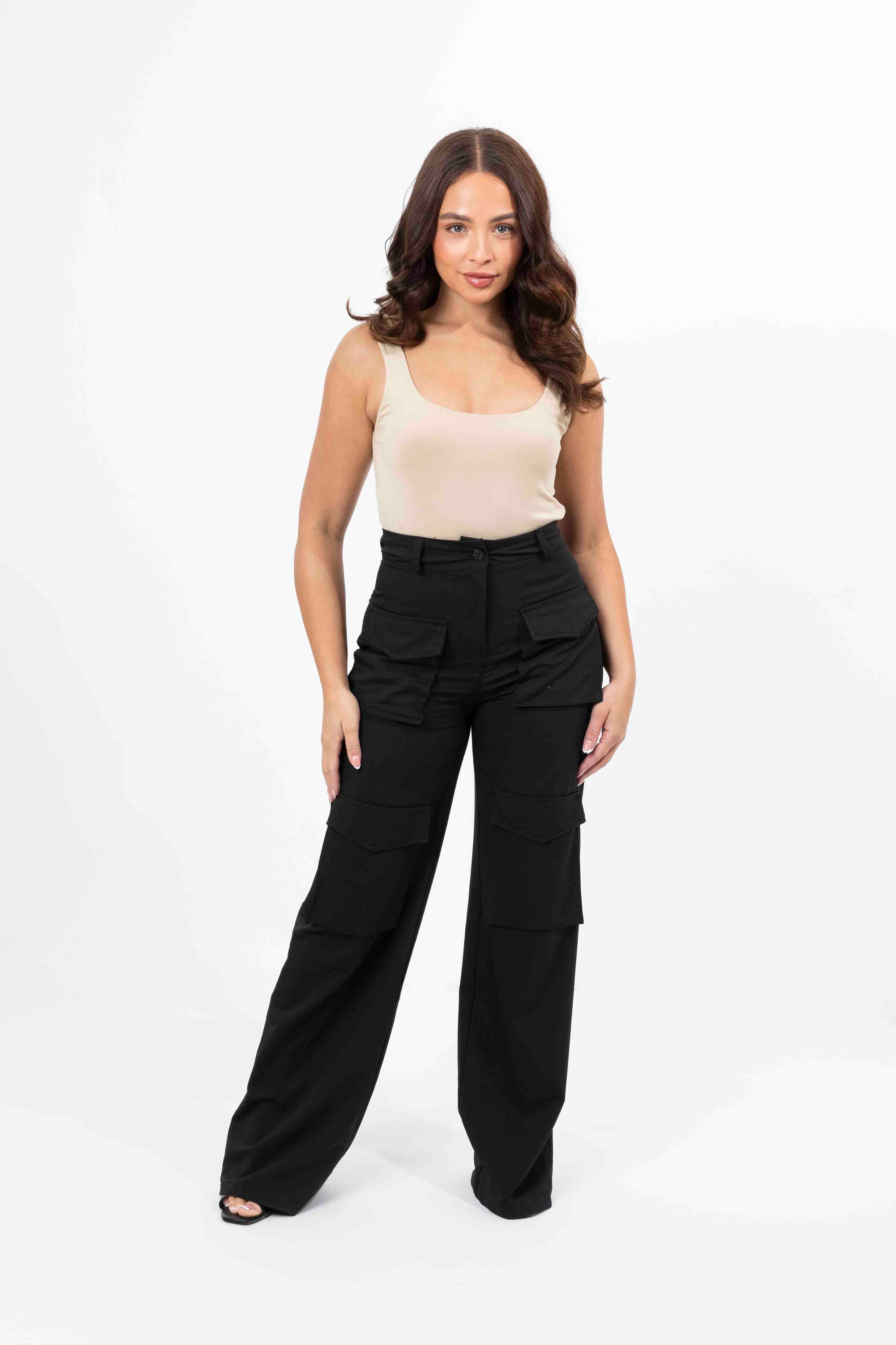 High Rise Large Pocket No Stretch Wide Leg Cargo Trousers