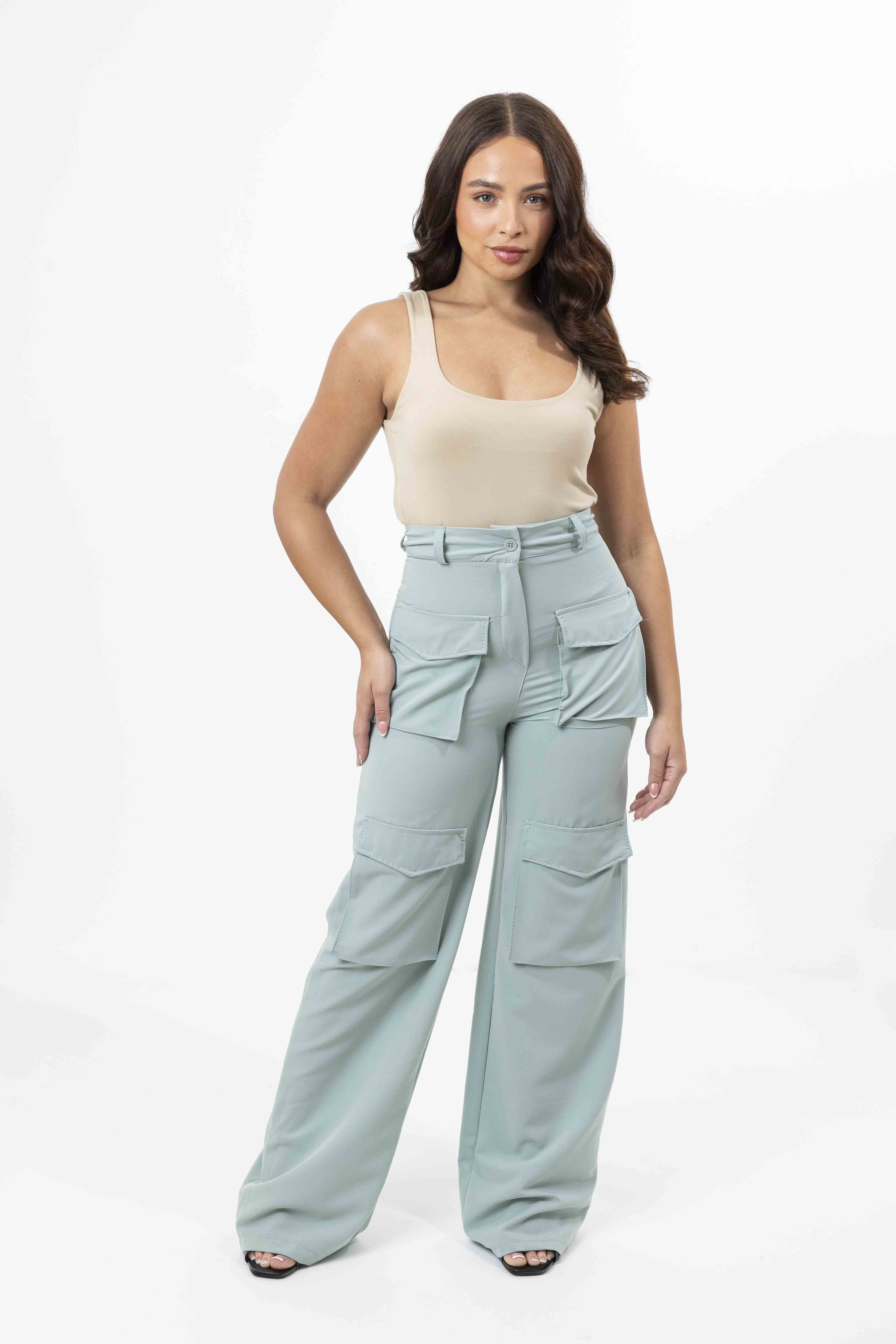 High Rise Large Pocket No Stretch Wide Leg Cargo Trousers