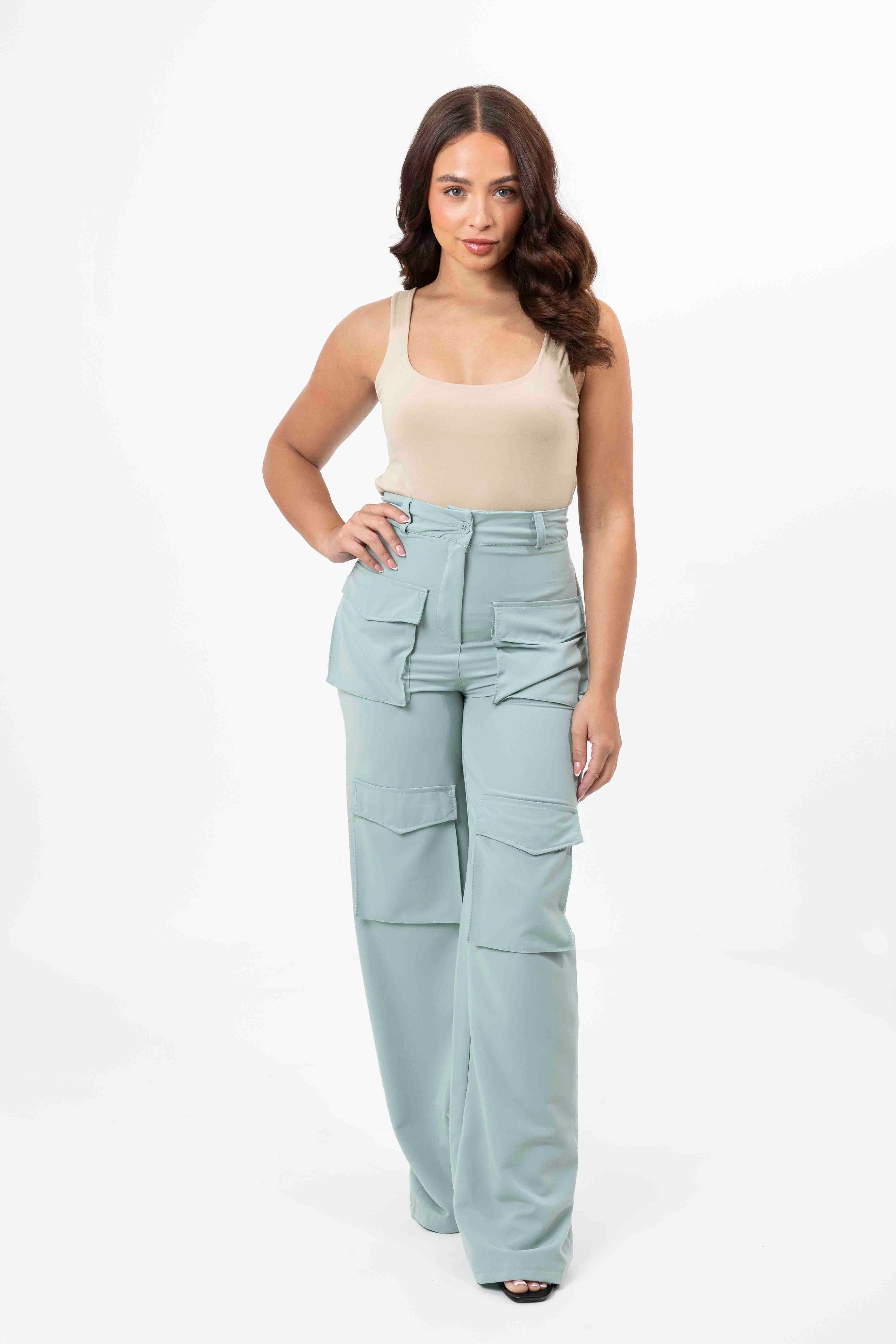 High Rise Large Pocket No Stretch Wide Leg Cargo Trousers