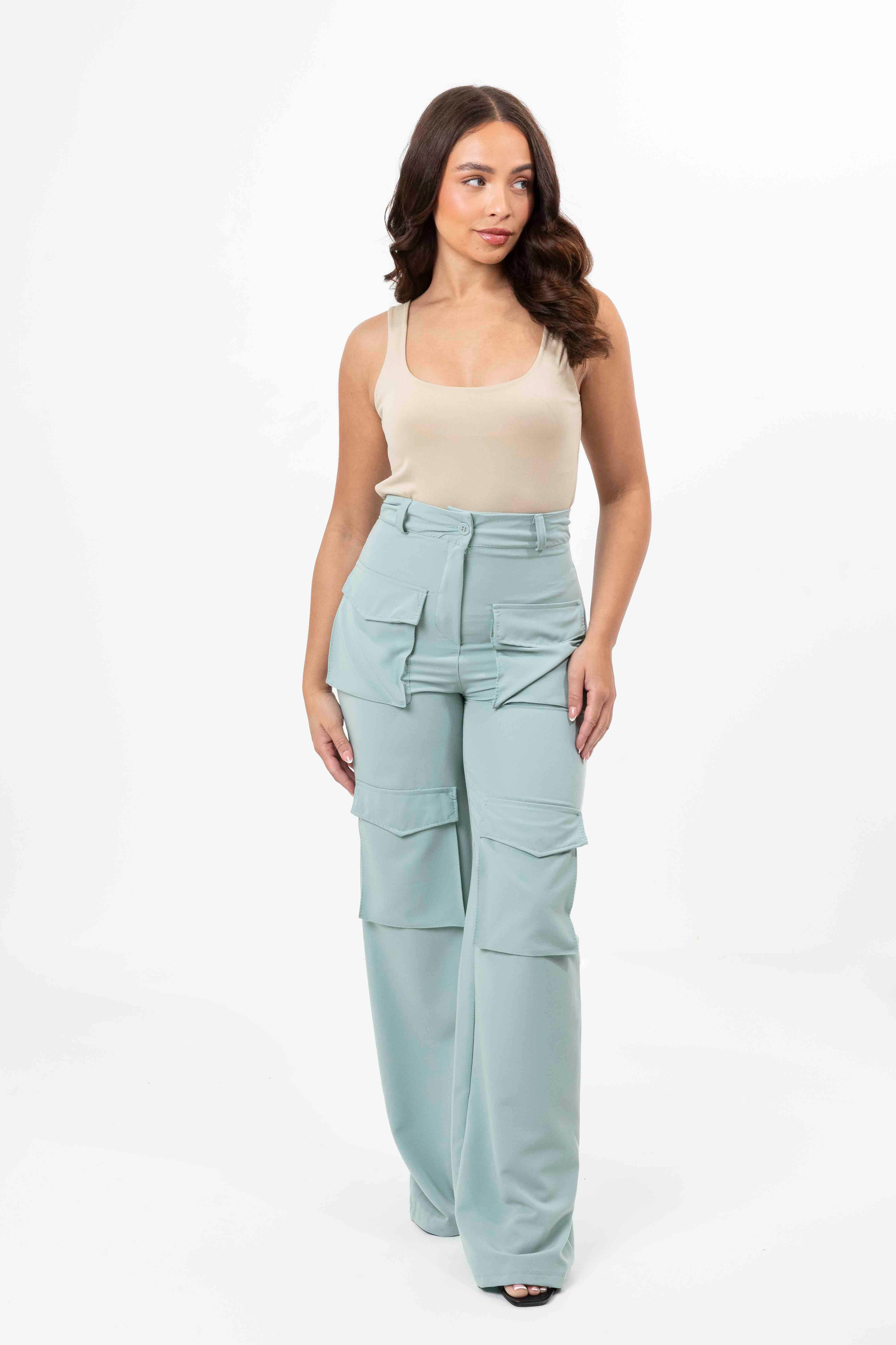 High Rise Large Pocket No Stretch Wide Leg Cargo Trousers