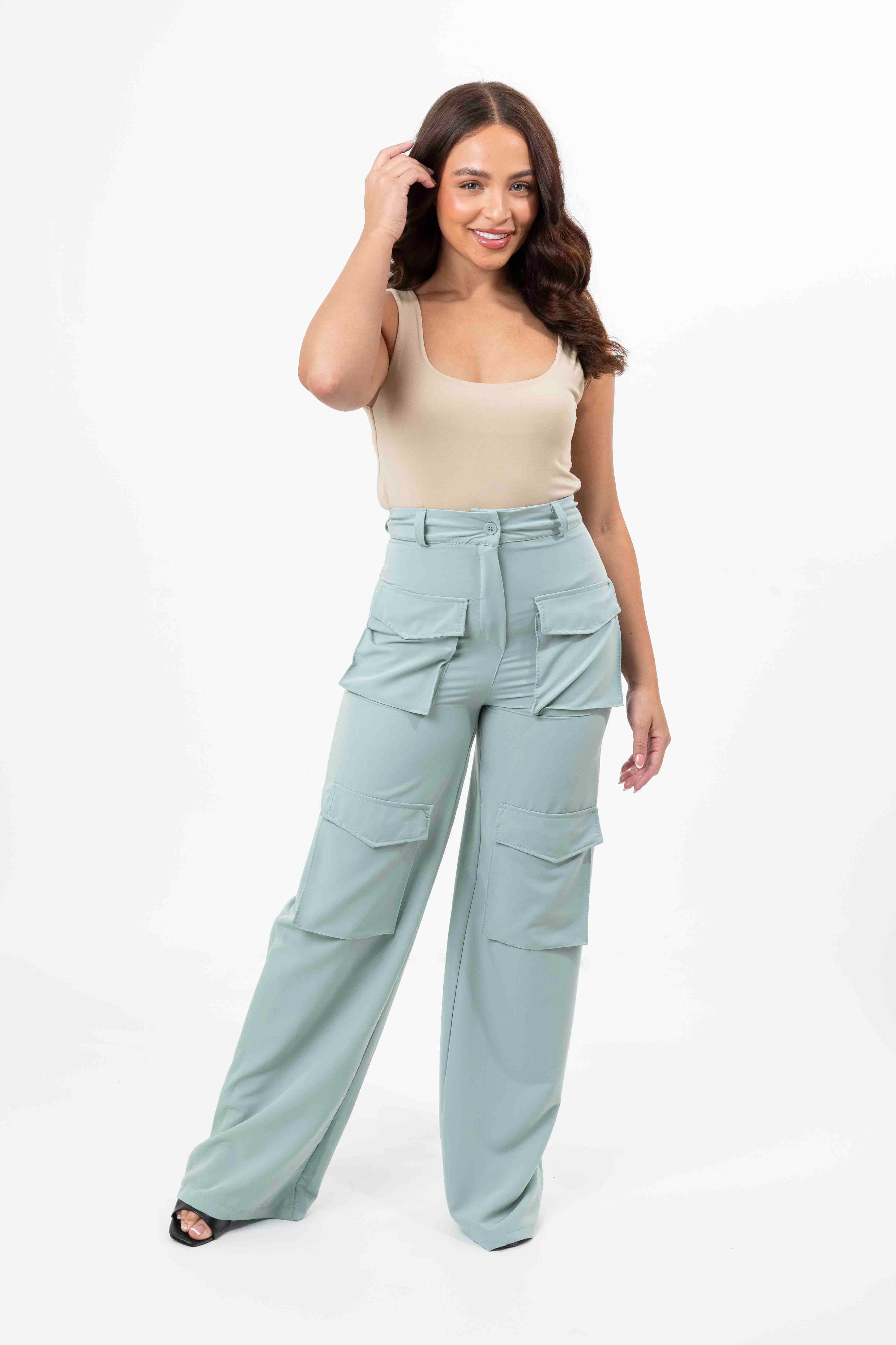 High Rise Large Pocket No Stretch Wide Leg Cargo Trousers