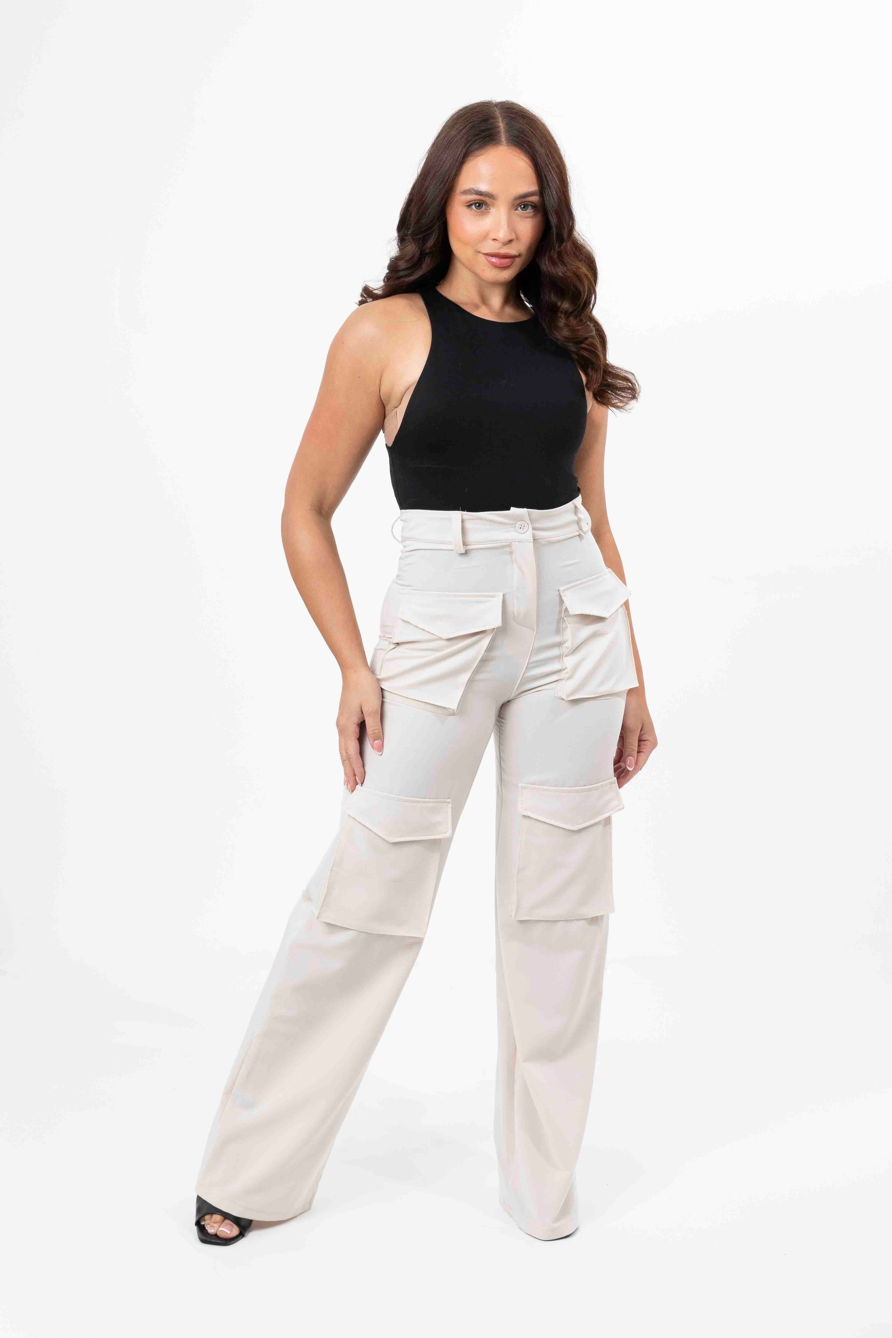 High Rise Large Pocket No Stretch Wide Leg Cargo Trousers