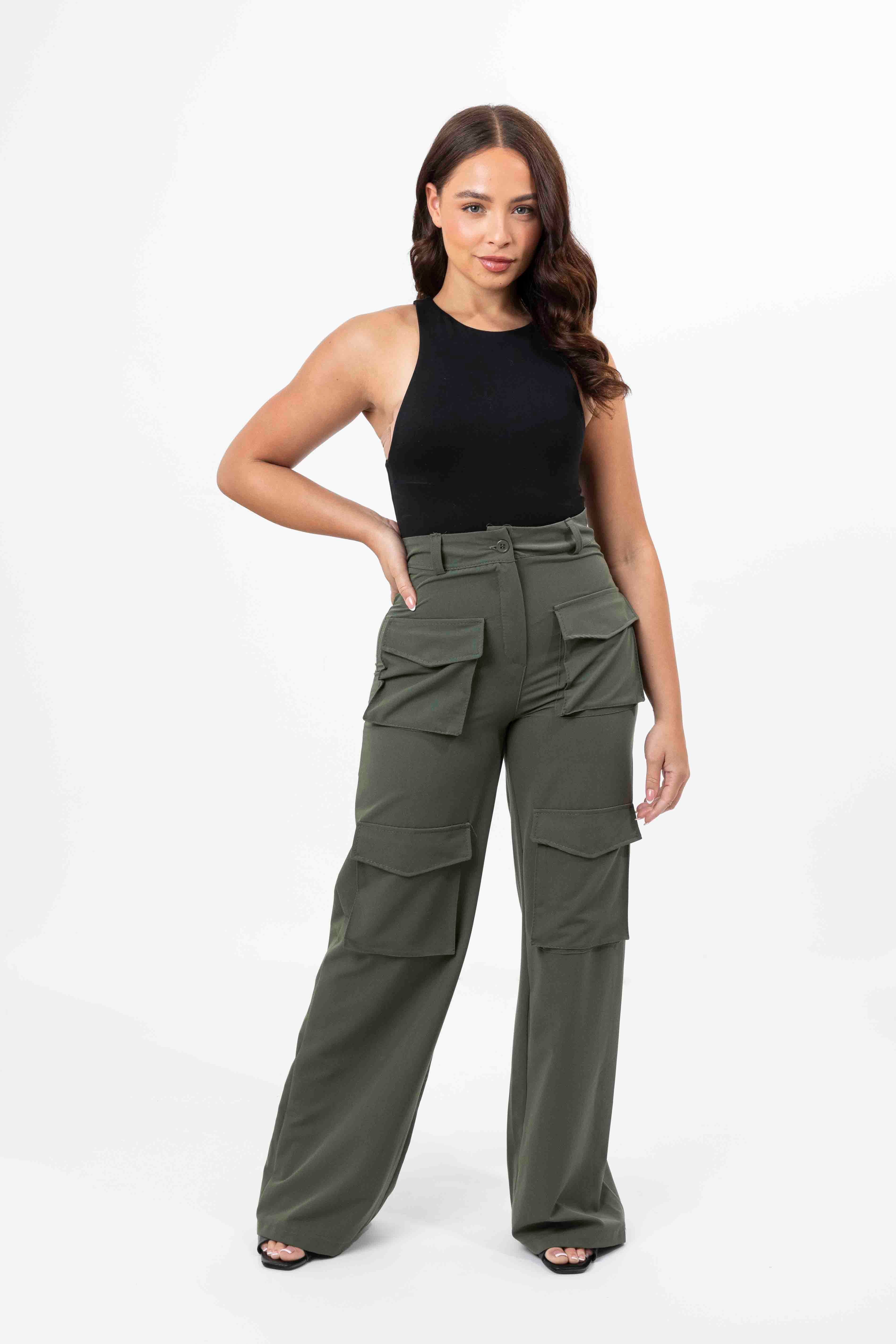 High Rise Large Pocket No Stretch Wide Leg Cargo Trousers