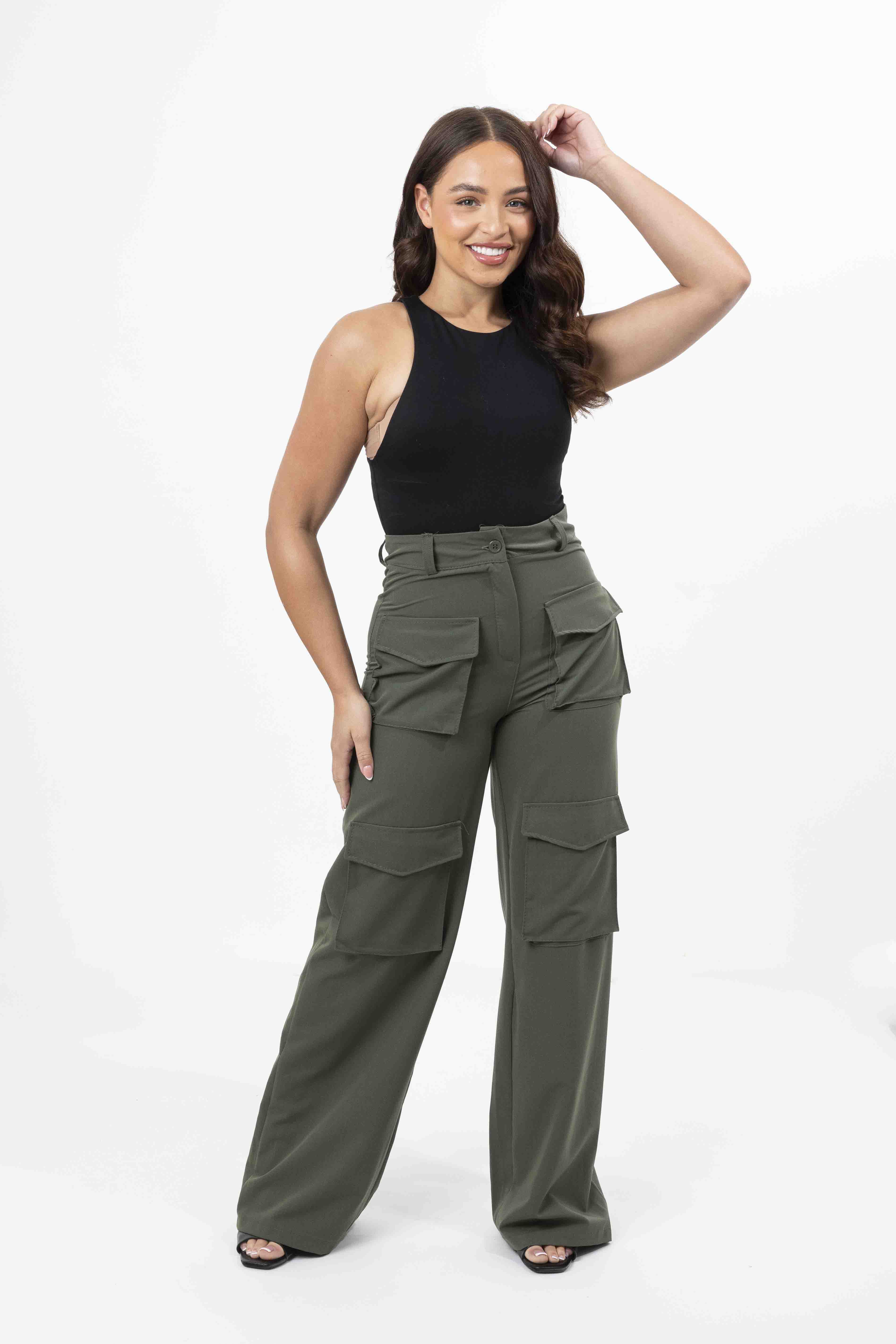 High Rise Large Pocket No Stretch Wide Leg Cargo Trousers