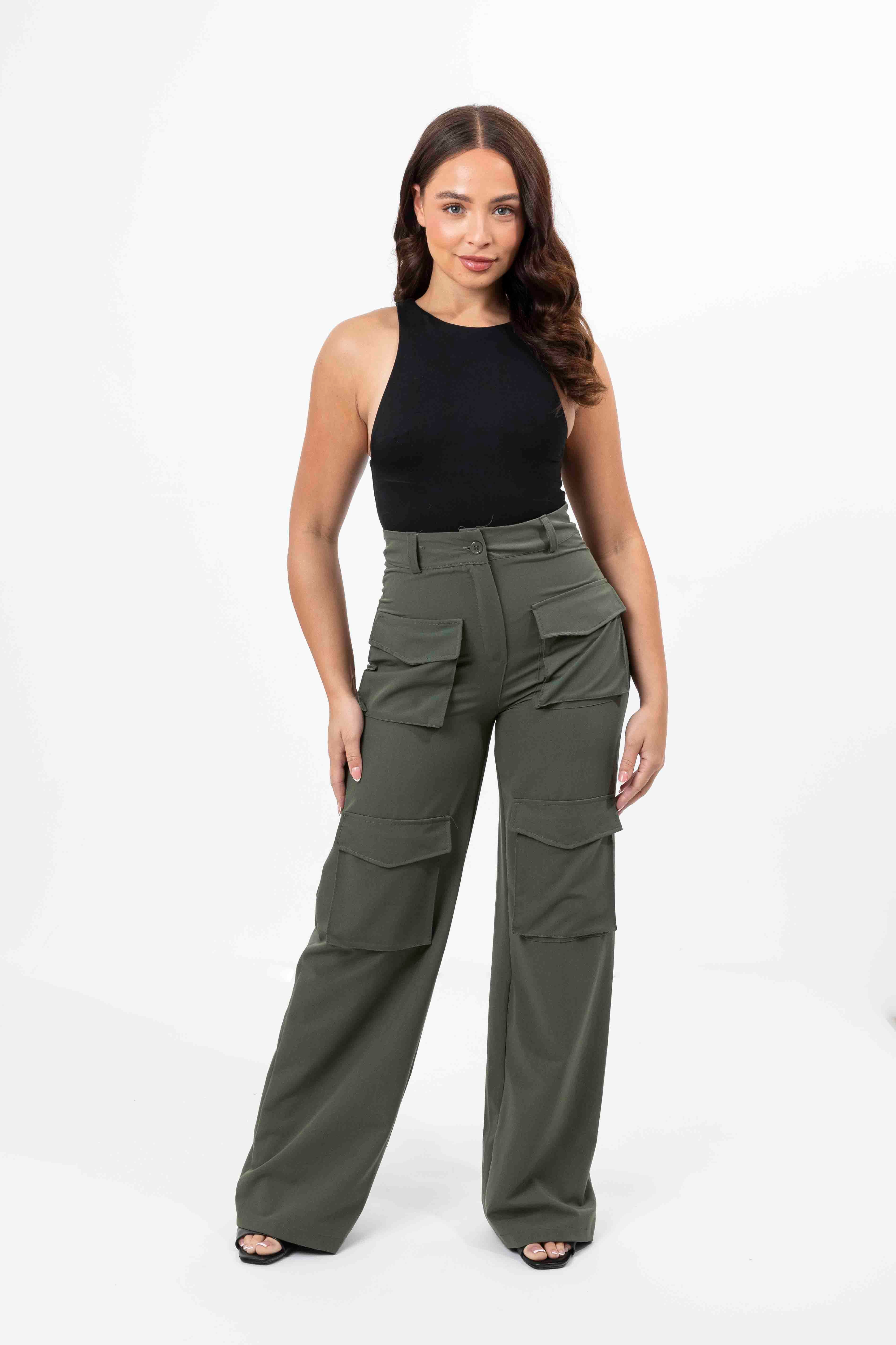 High Rise Large Pocket No Stretch Wide Leg Cargo Trousers