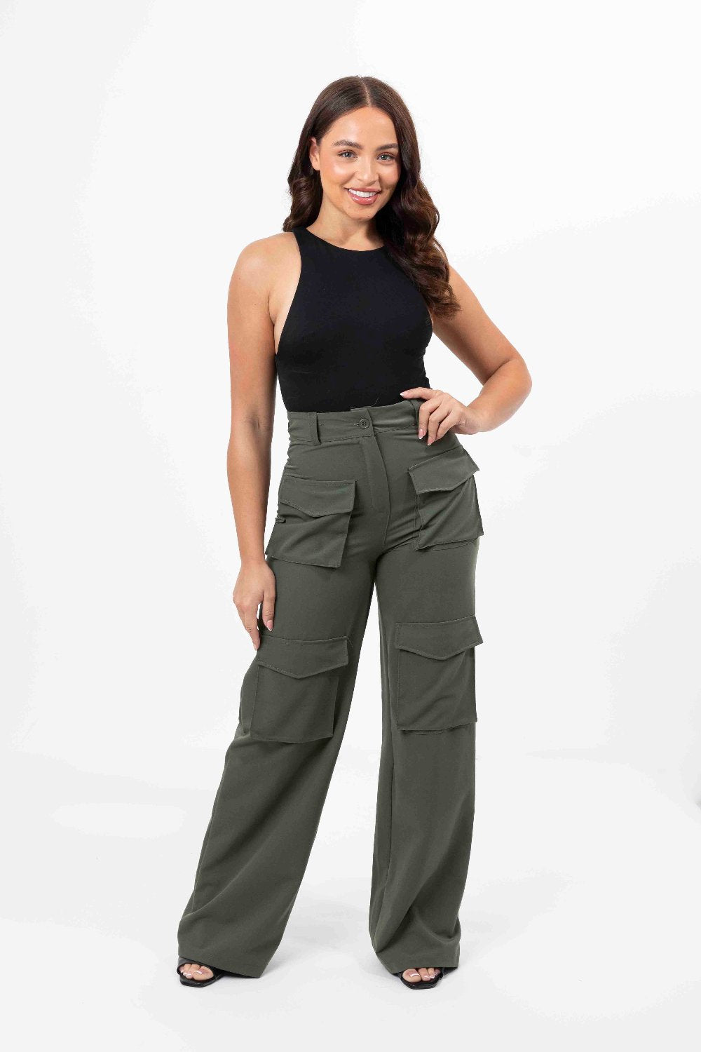 High Rise Large Pocket No Stretch Wide Leg Cargo Trousers