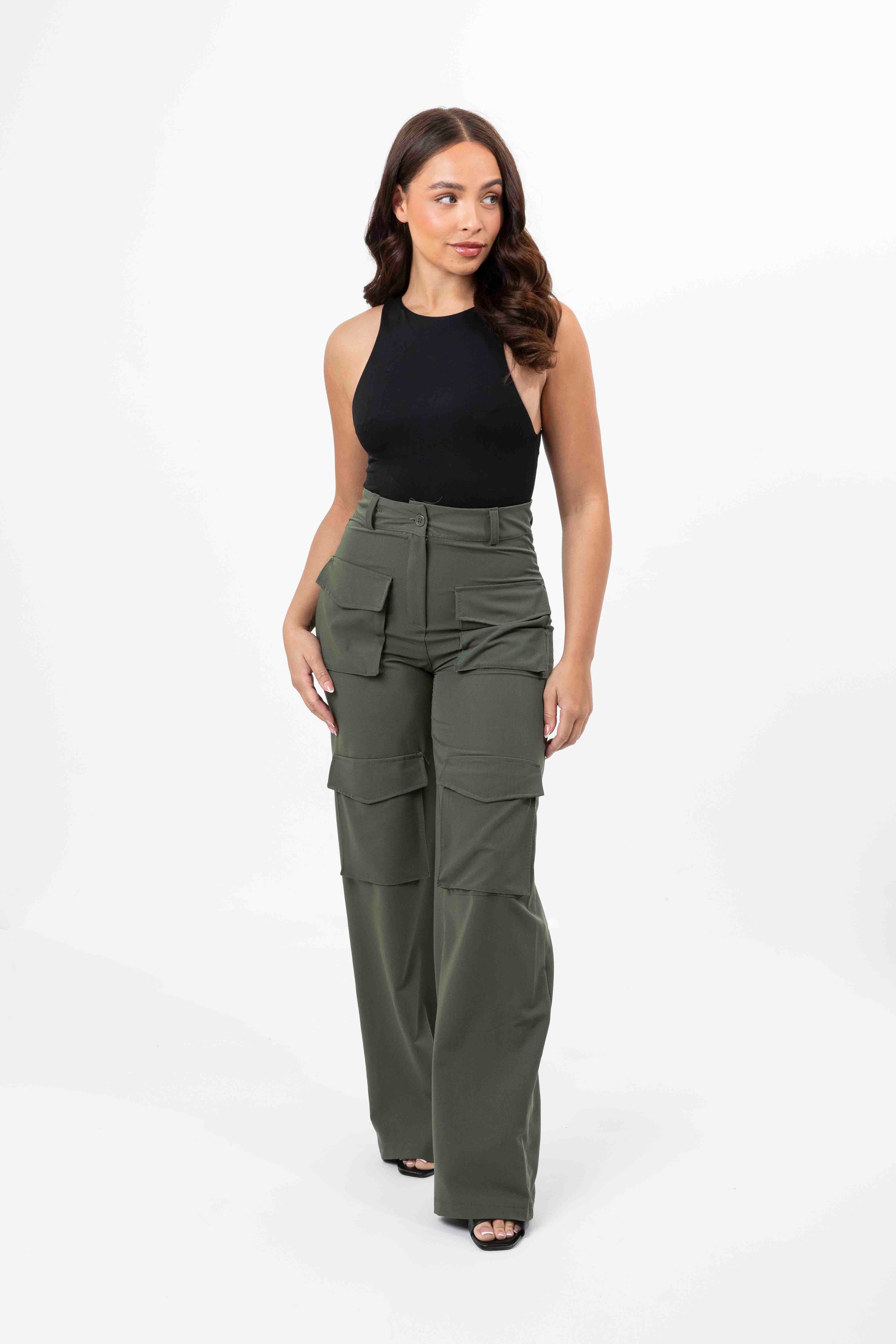 High Rise Large Pocket No Stretch Wide Leg Cargo Trousers